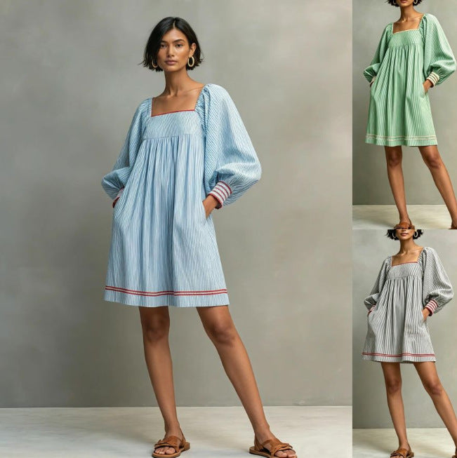 Casual and Minimalist Off-shoulder Striped Dress with Puff Sleeves