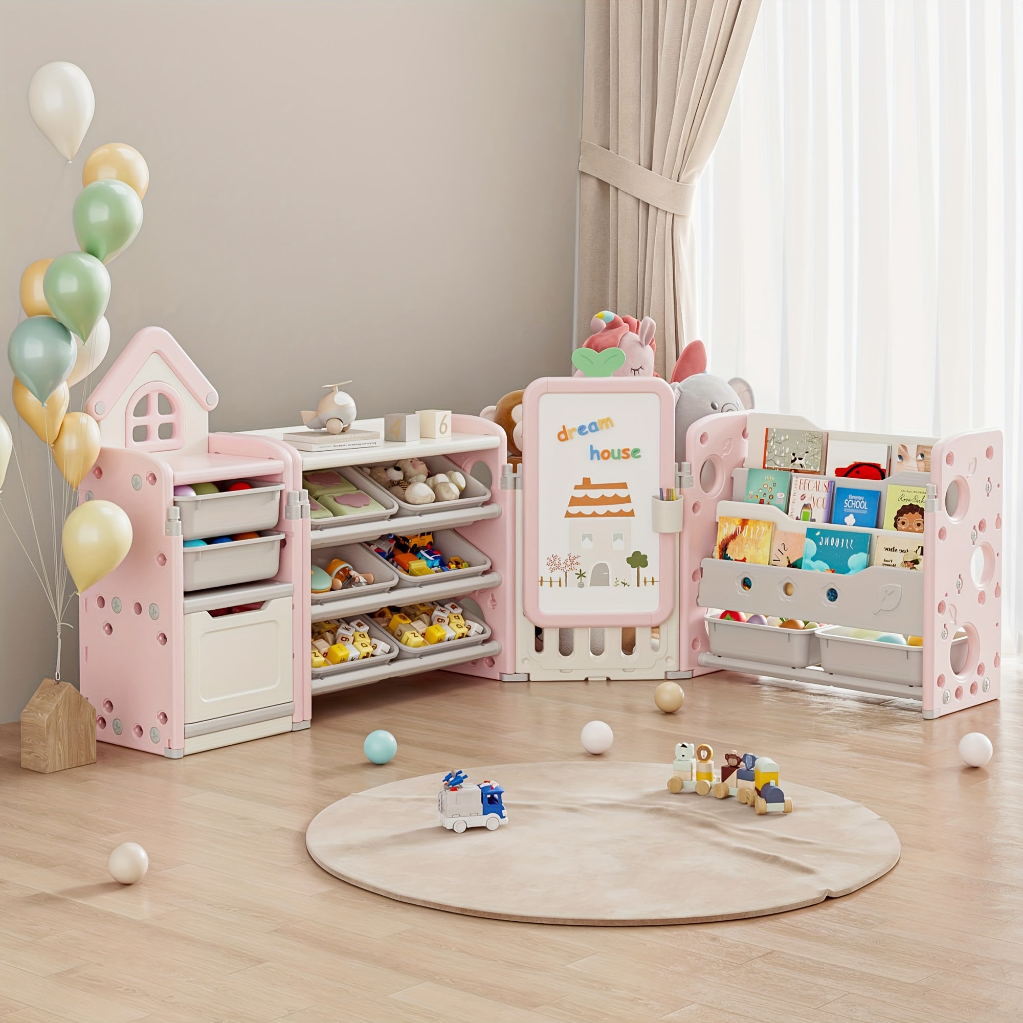Multi-Function Storage Organizer with 10 Detachable Bins, 3‑Tier Bookshelf and Drawing Board