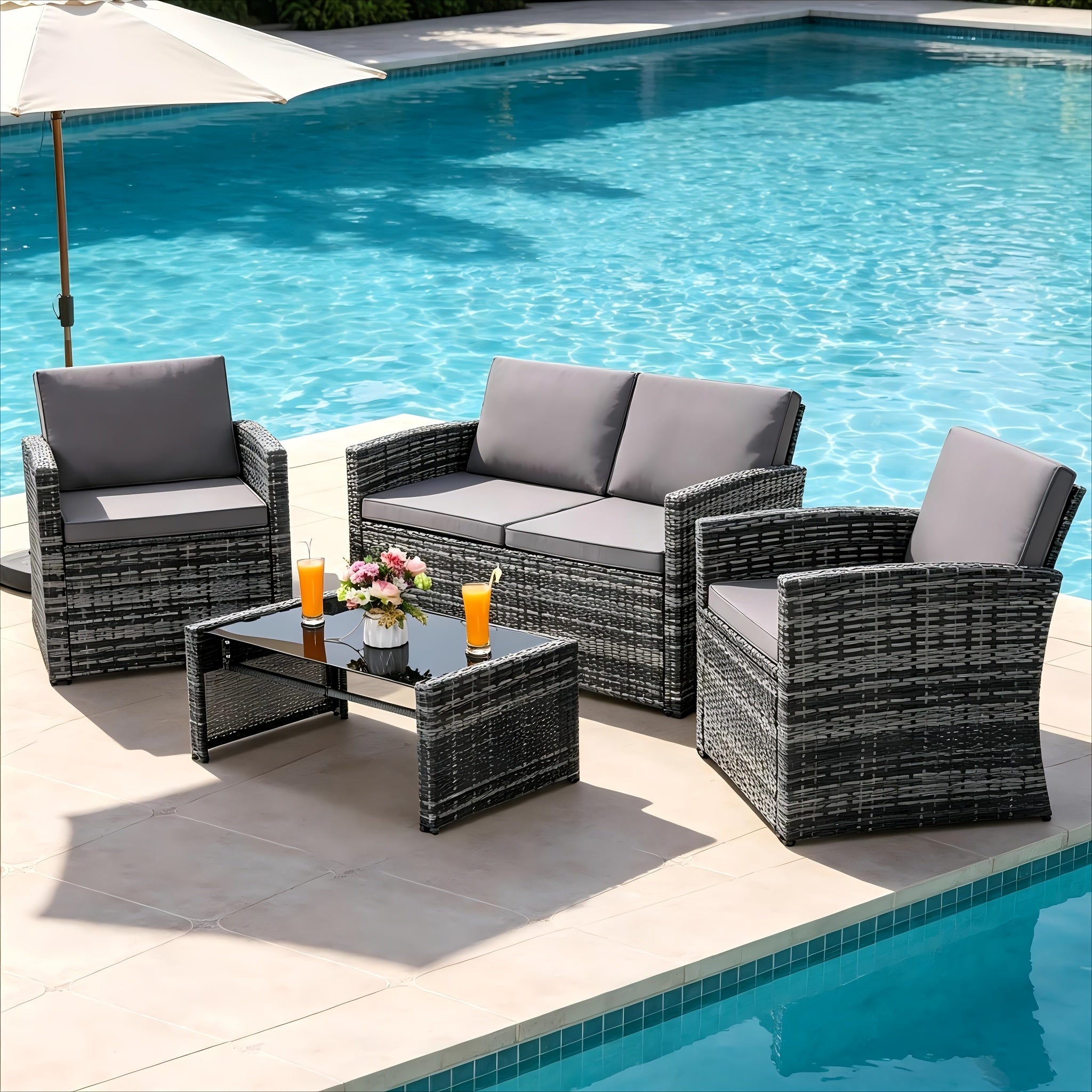 4pcs All-Weather PE Rattan Patio Furniture Set, Outdoor Wicker Sofa with Cushions & Glass Coffee Table for Backyard Garden Balcony