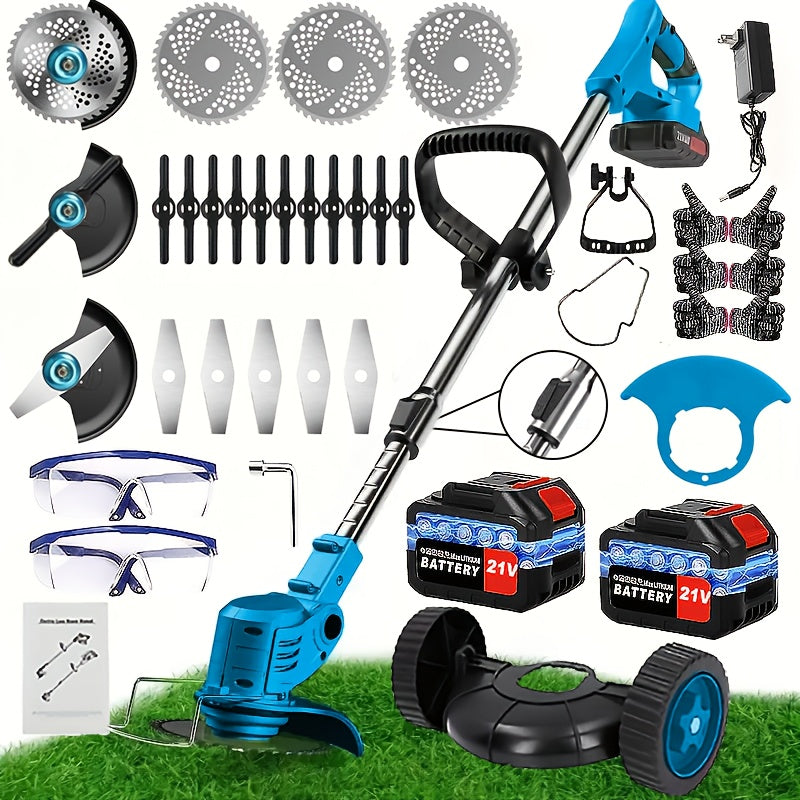21V Cordless Handheld Multi‑Function Electric Lawn Mower with 2 Lithium Batteries and Triple Blade Set