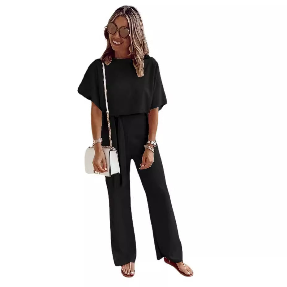 Women's Loose Casual Lace Up Jumpsuit Short Sleeve