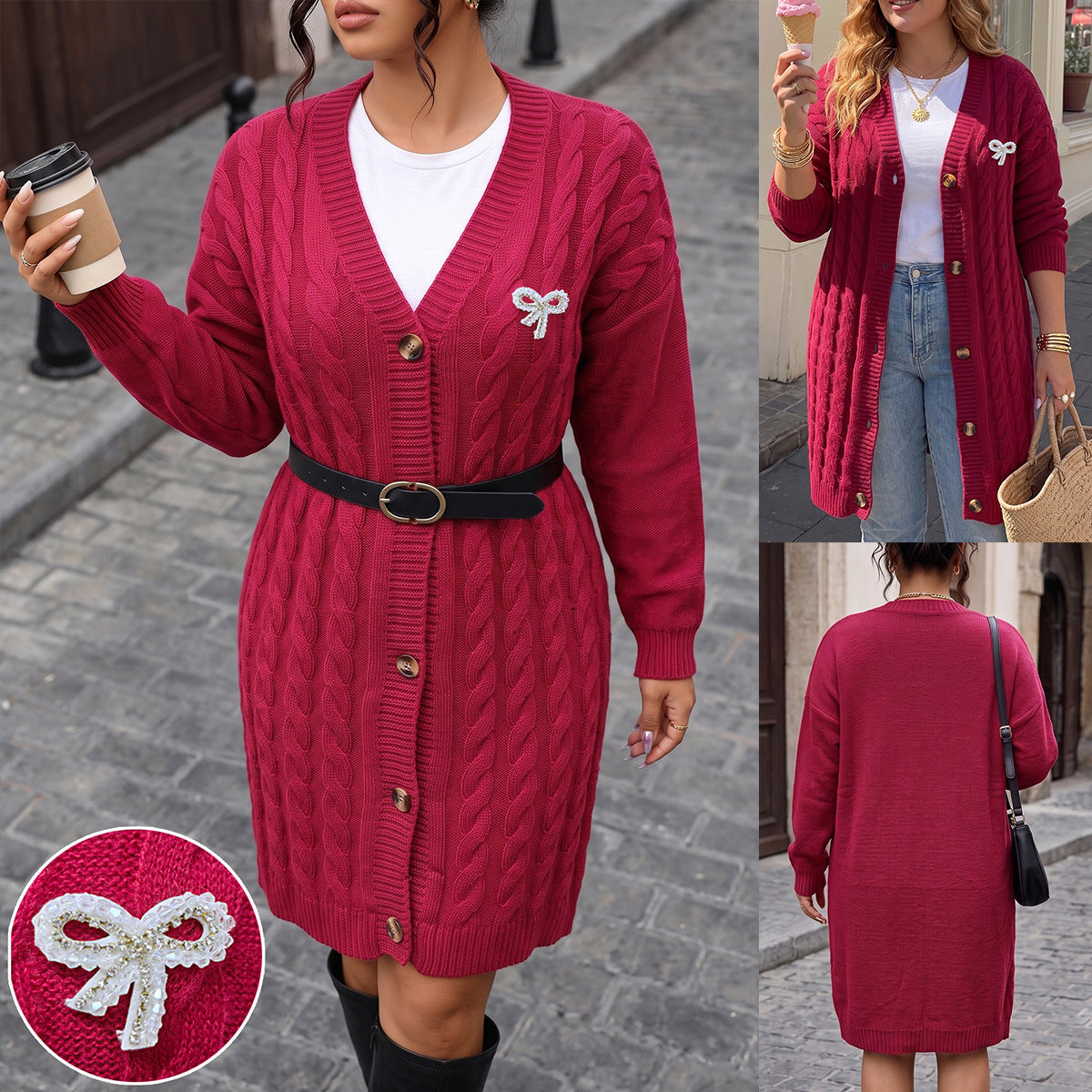 Womens Cable-knit Mid-length Cardigan Knitted Jacket for Women