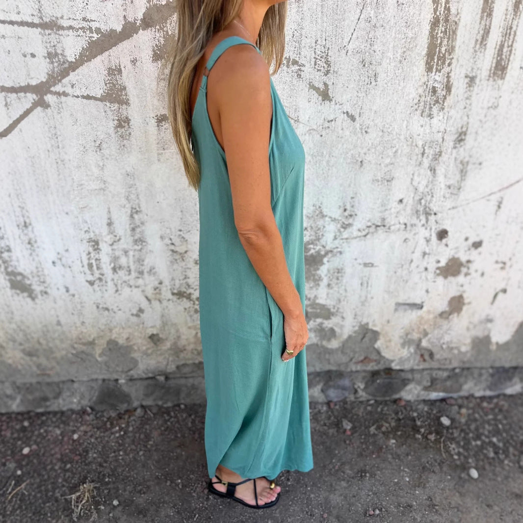Loose-fitting Casual Cotton-linen Tank Jumpsuit With Patch Pockets