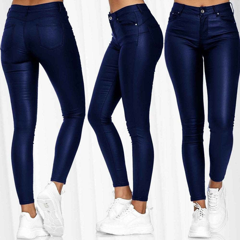 Solid Color Slim Fit Pu Leather Casual Pants, Skinny Ankle-length Trousers