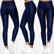 Solid Color Slim Fit Pu Leather Casual Pants, Skinny Ankle-length Trousers