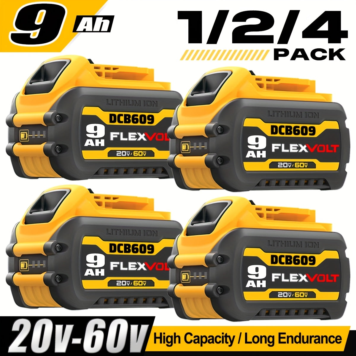 1/2/4PACK 9.0Ah DCB609 20V/60V Max Replacement Battery | 20V/60V MAX Cordless Power Tools | Lithium-ion | For Dewalt 60V Battery DCB606 DCB612 | Compatible With Dewalt 20V/60V MAX Cordless Power Tools