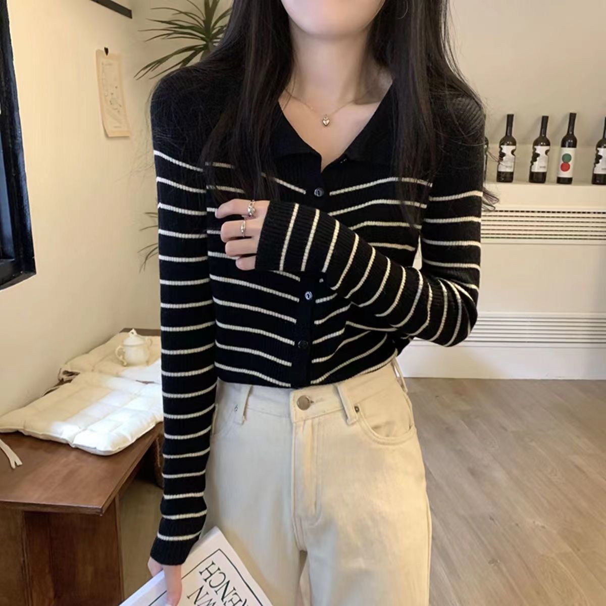 Women's Black and White Autumn Striped Sweater Top