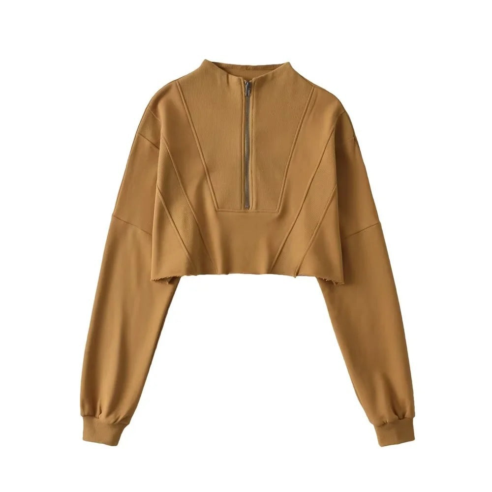 Women's Casual Half-Zip Solid Color Short Sweatshirt