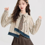 Preppy Style Springsummer Chic Striped Shirt Women's Irregular Short Long Sleeve