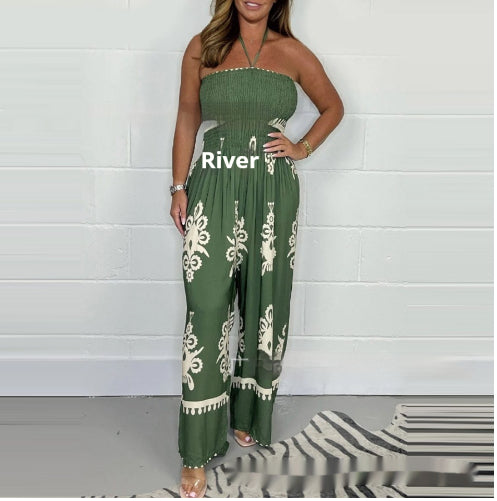 Summer Womens New Fashionable Printed Tube Top Jumpsuit With Wide-Leg Pants