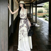 Elegant V-Neck Halter Sleeveless Geometric Maxi Dress