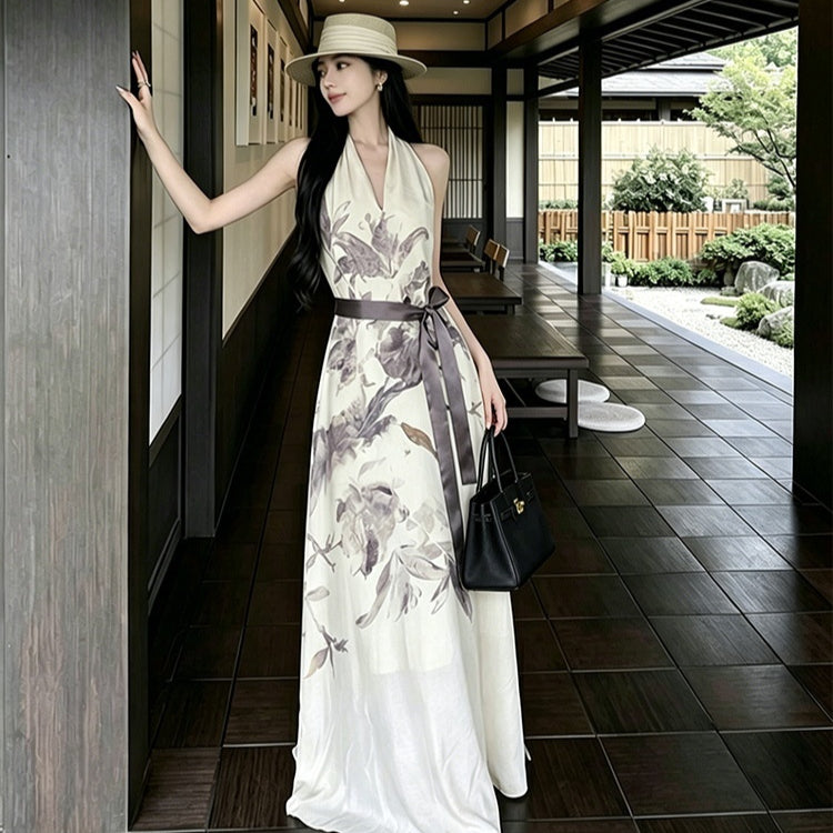 Elegant V-Neck Halter Sleeveless Geometric Maxi Dress