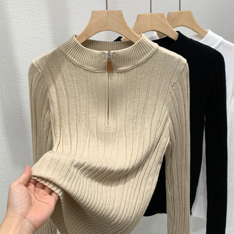 Retro Zipper Ribbed Knit Base Shirt with Semi-high Collar