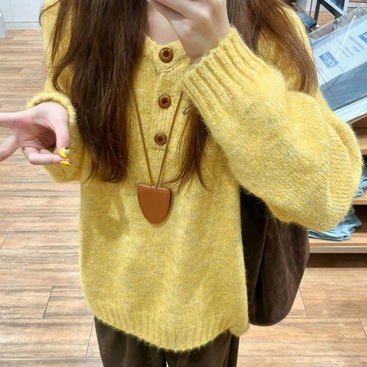 Korean-style Relaxed-fit Off-shoulder Crew-neck Cropped Sweater for Outerwear