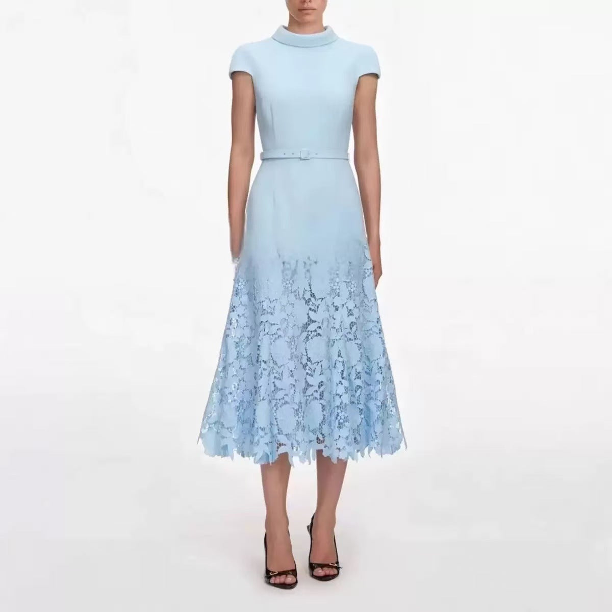 Womens Blue Lace-panel Handcrafted Dress