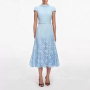 Womens Blue Lace-panel Handcrafted Dress