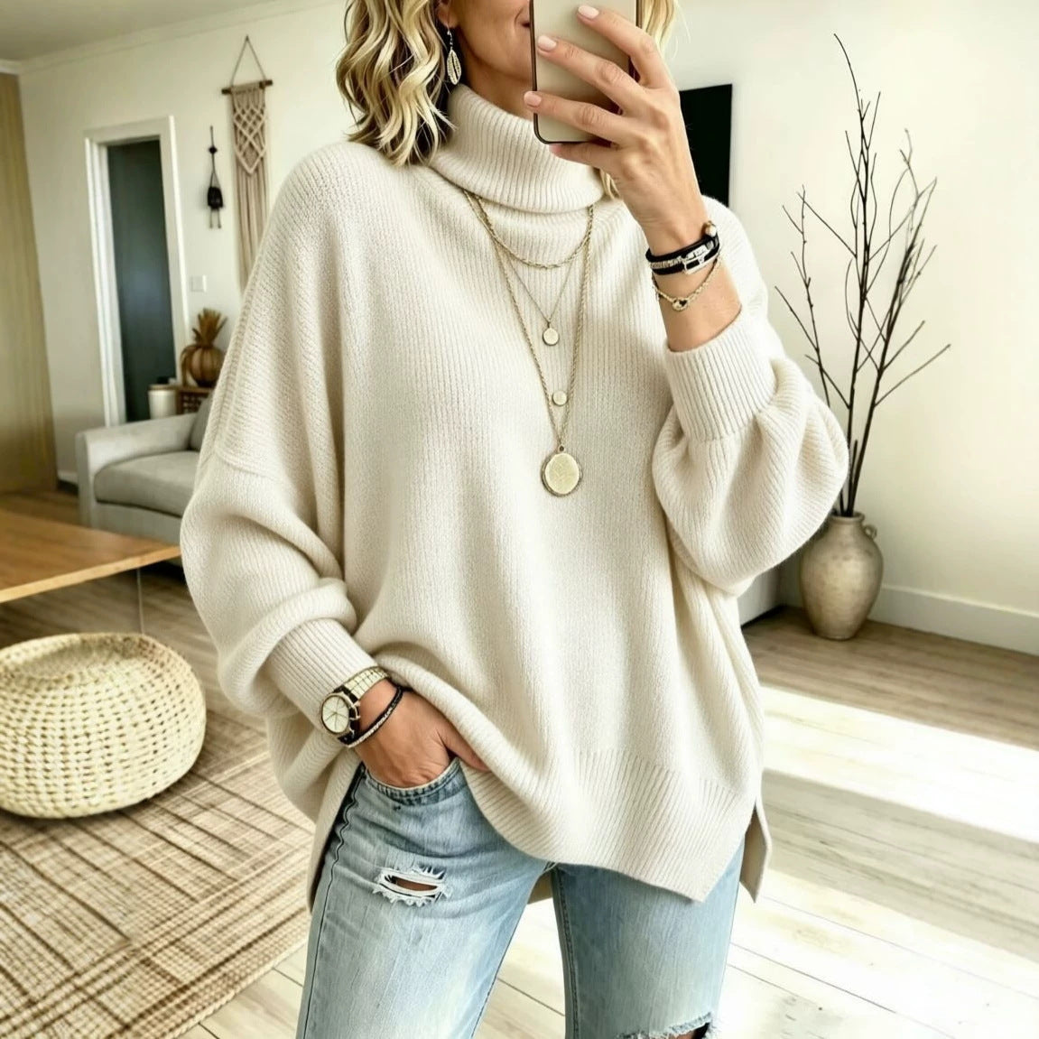 Womens Turtleneck Knitted Long-sleeve Sweater