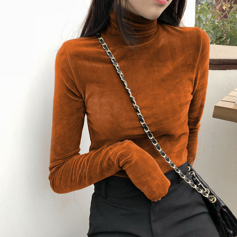 Women's Gold Velvet Turtleneck Thermal Top