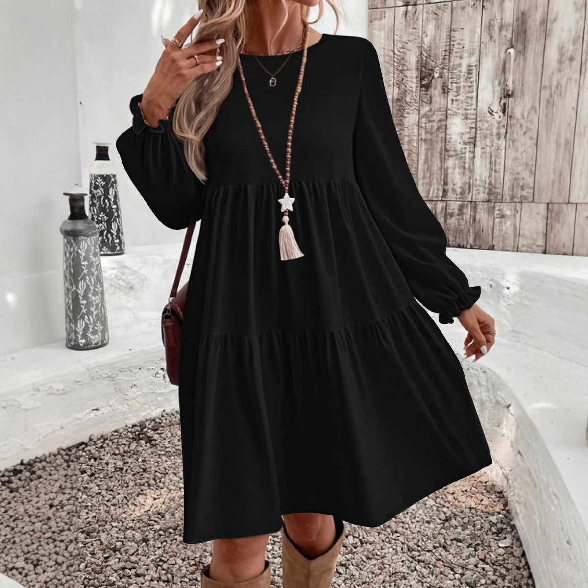 Women's Casual Long Sleeve Tiered Ruffle Midi Dress
