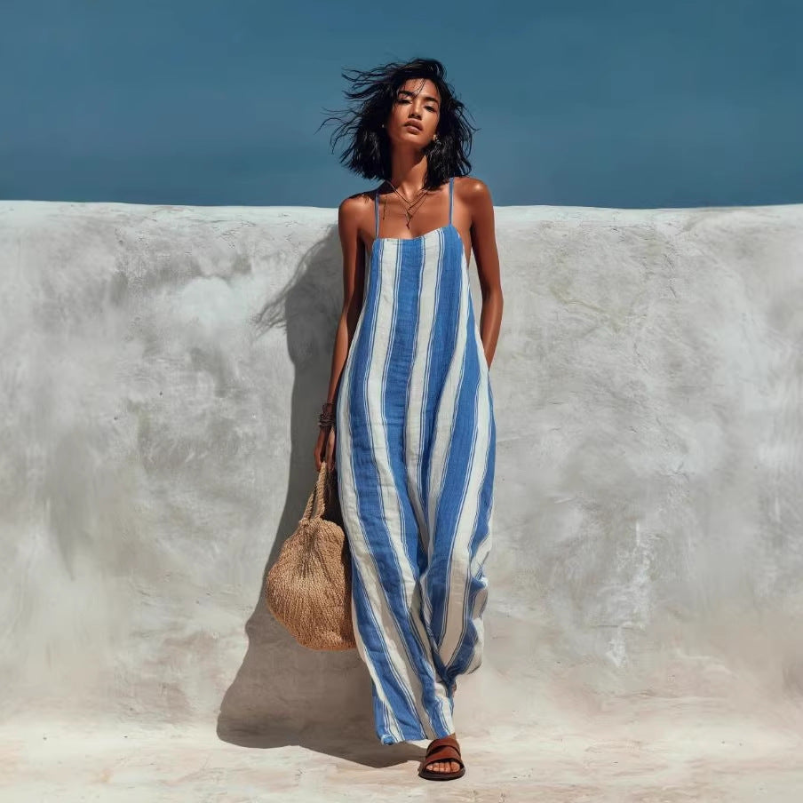 Elegant Casual Striped Sleeveless Strap Jumpsuit