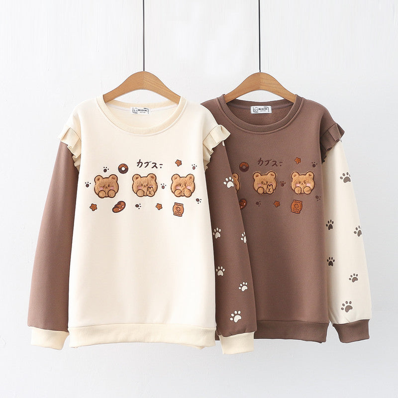Cute Bear Embroidered Fleece-Lined Thick Pullover Sweater
