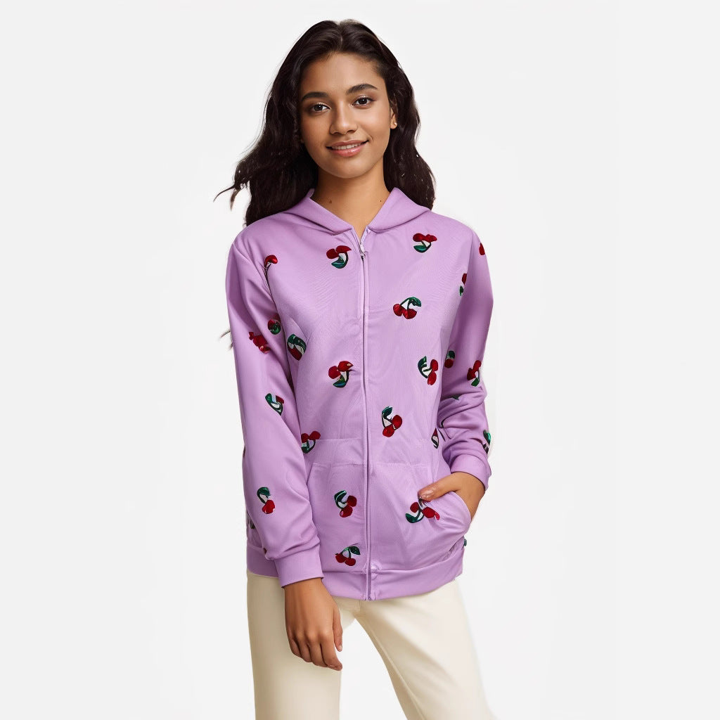 Cute Cherry Print Knit Cardigan Sweater Coat