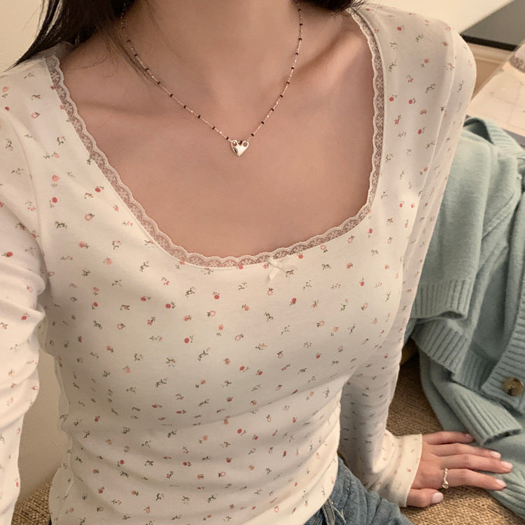 Floral Lace Long Sleeve Slim Crop Top