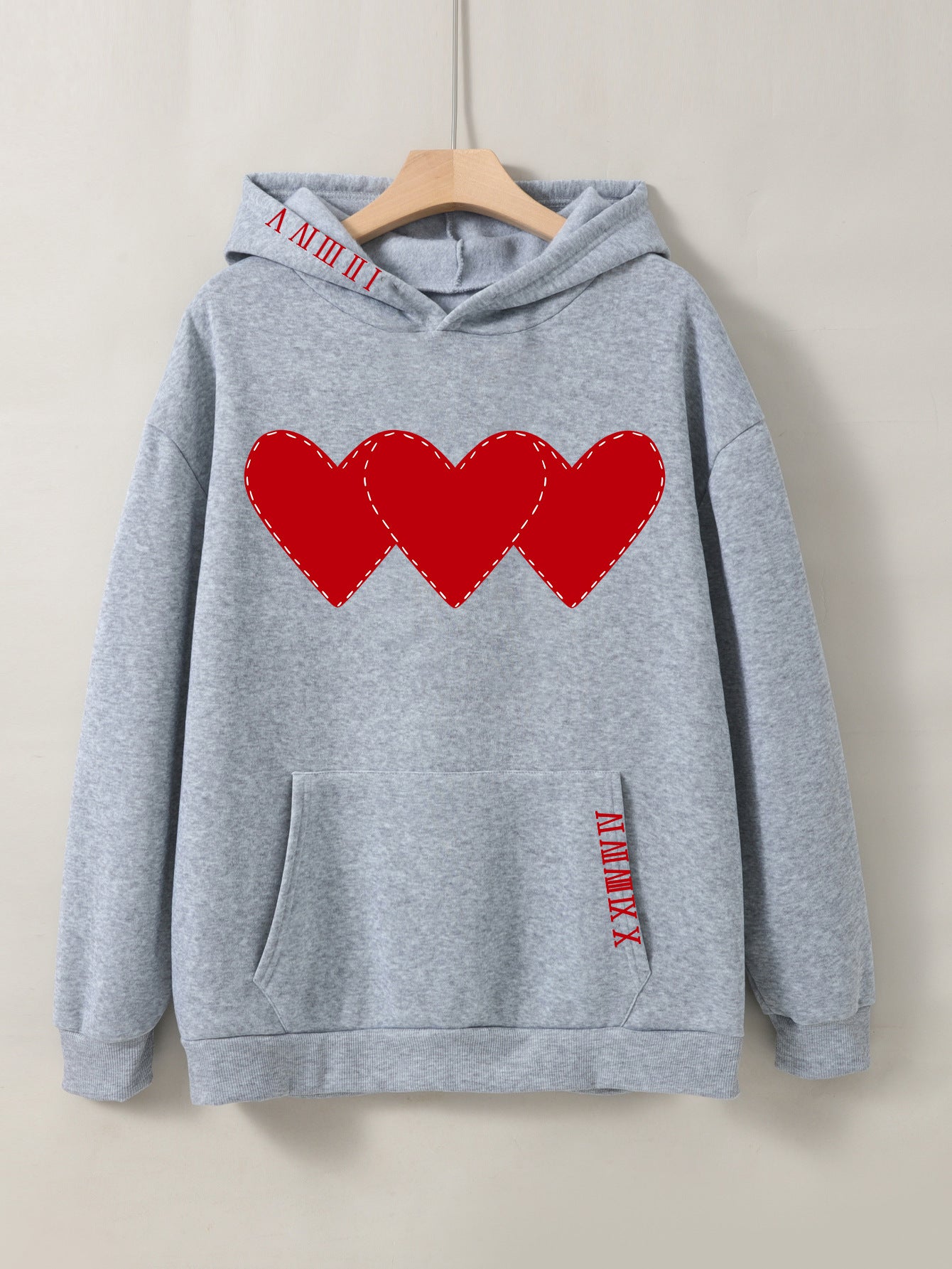 Women's Heart Print Brushed Fleece Drawstring Hoodie