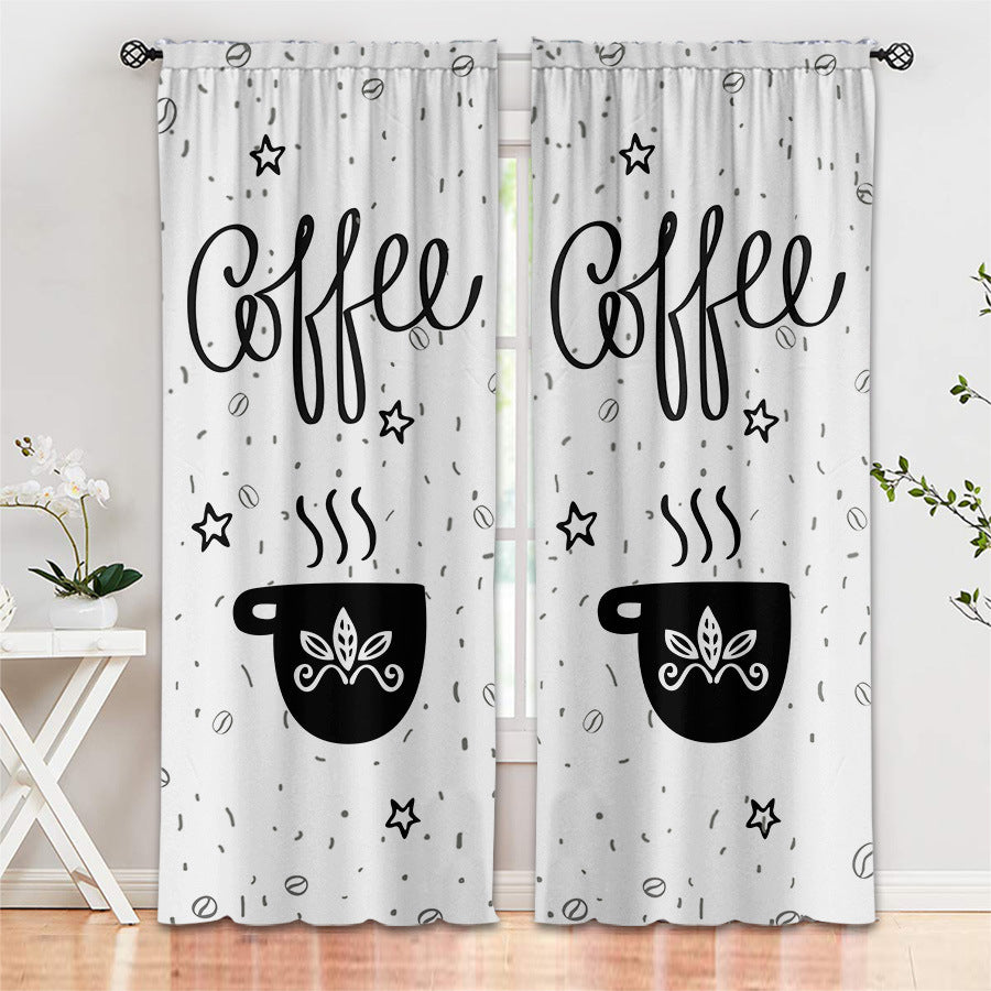 Black and White Cartoon Coffee Painting Digital Printing Curtain