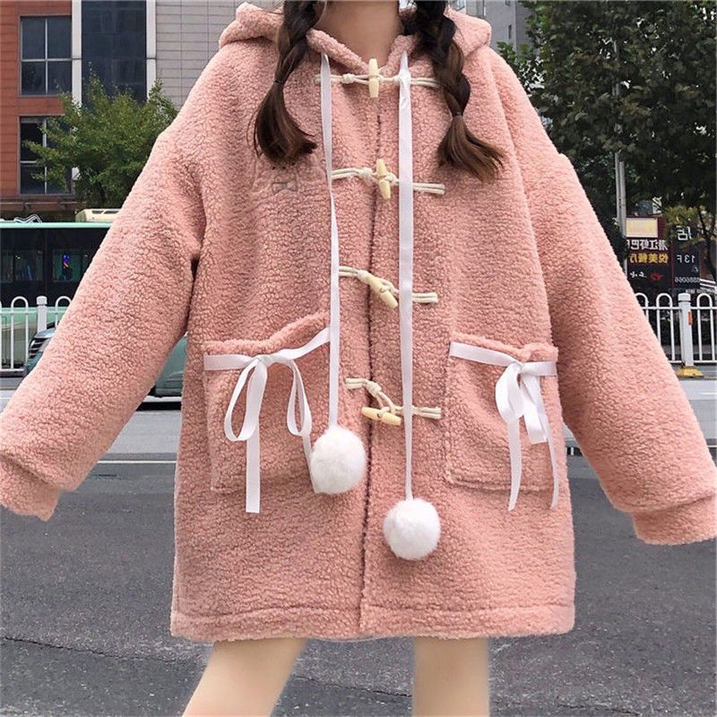 Preppy Style Lovely Soft Cute Cartoon Print Hooded Loose Sweater Schoolgirls' Coat Top