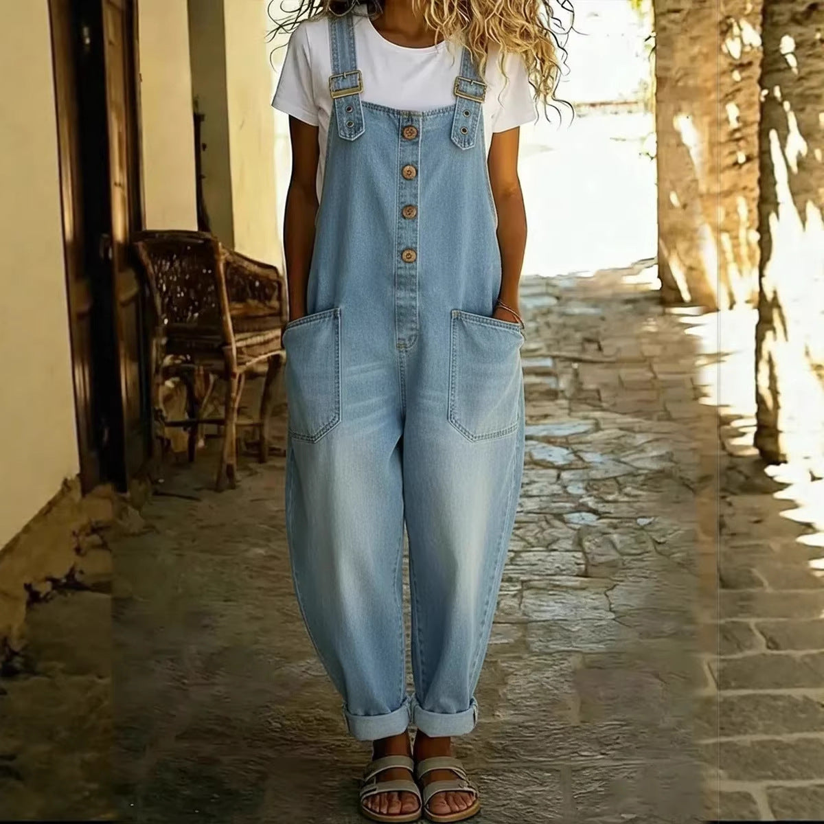 Fashionable Retro Distressed Loose Womens Casual Denim Jumpsuit