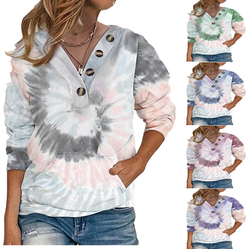 Women's Tie-Dye V-Neck Long Sleeve Button Sweater