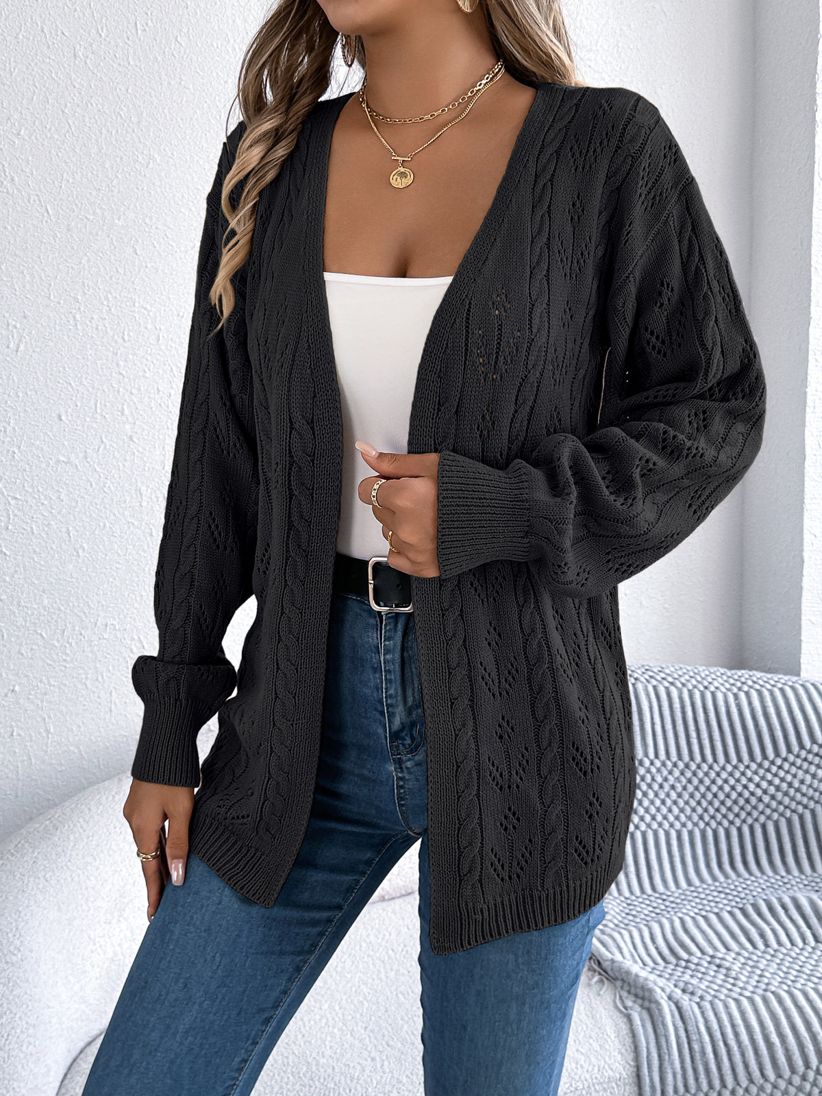 Women Casual Solid Color Hollow Out Long Sleeve Cardigan Sweater Coat