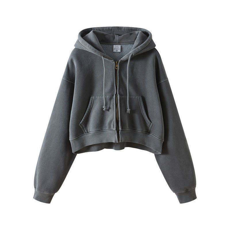 Washed Plush Zipper Hooded Sweater Retro Hot Girl Blouse