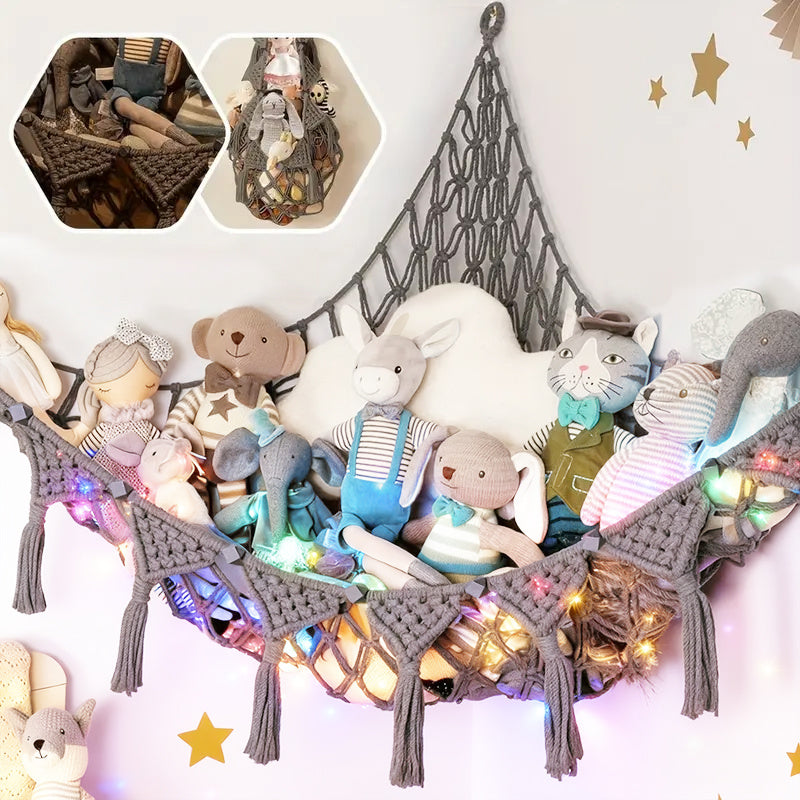 Four‑Color Illuminated Plush Storage Net with Heart‑Shaped Tassels and Hooks
