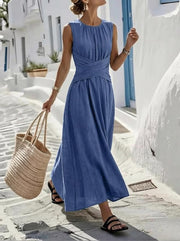 Womens Solid-color Minimalist Round-neck Sleeveless Waist-cinching Linen Dress