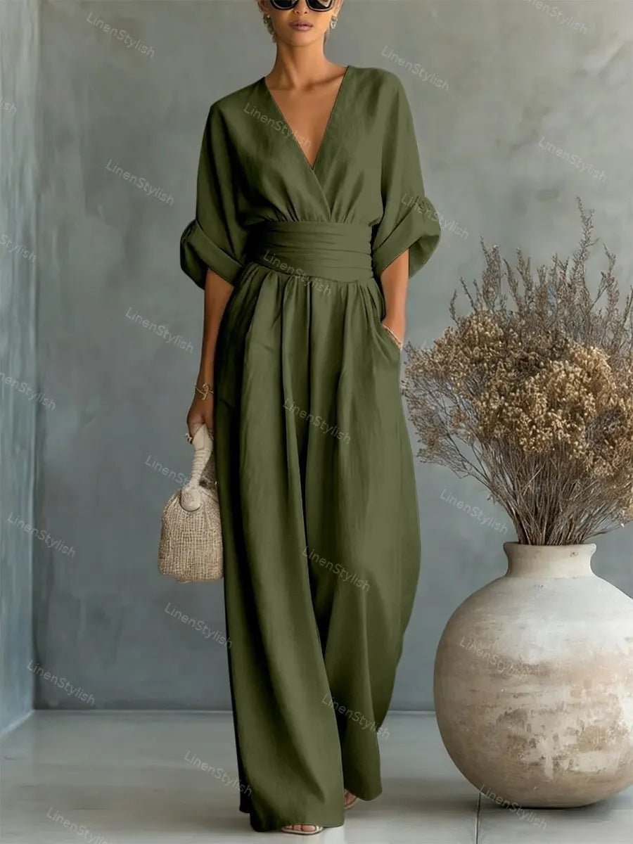 Elegant V-Neck Wide-Leg Waist-Cinching Jumpsuit