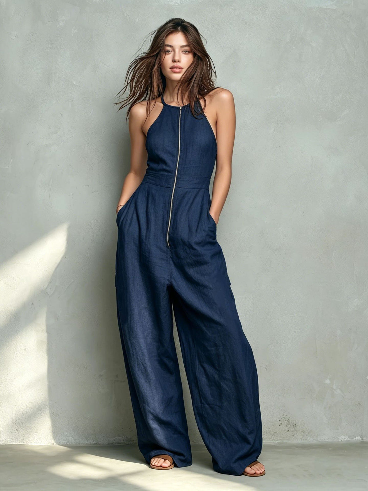 Women's Solid Zip-Front Backless Wide-Leg Jumpsuit
