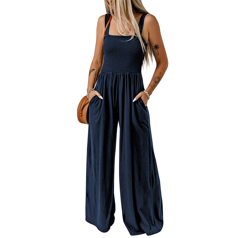 Women's Backless Pleated Wide Leg Summer Jumpsuit