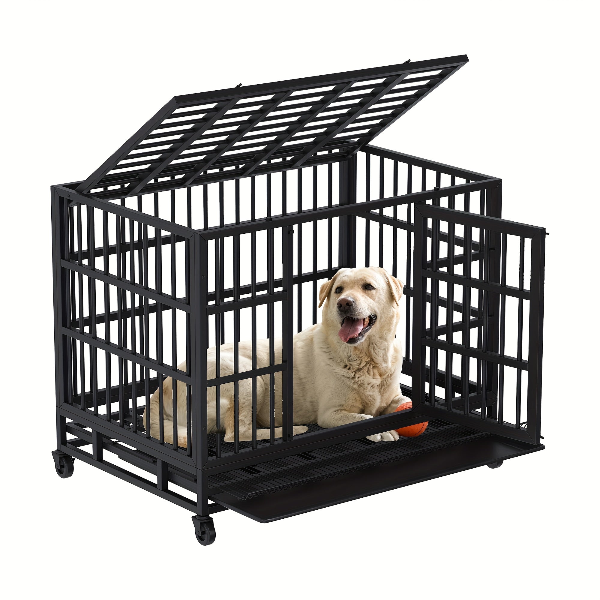 Celebalcony 48/ 38 Inch Heavy Duty Dog Crate Double Doors Escape Proof Cage Kennel, Enhanced Metal Pet Cage, Extra Large Crate Indoor For Large Dog With Removable Tray And Lockable Wheels