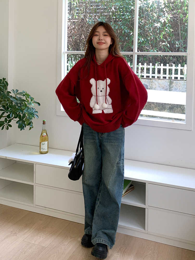 Cozy Bear Loose Knitted Hooded Sweater for Women