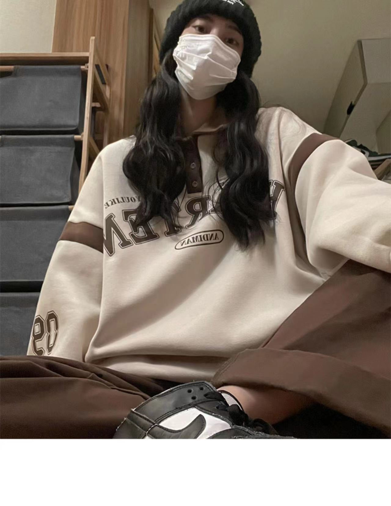 American Retro Contrast-color Stitching Sweatshirt Loose Casual Top