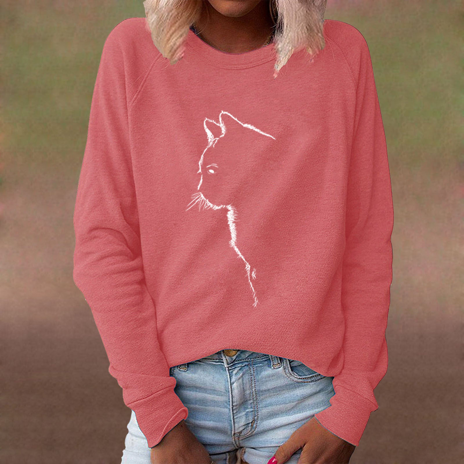 Cute Cat Print Long Sleeve Pullover Sweater