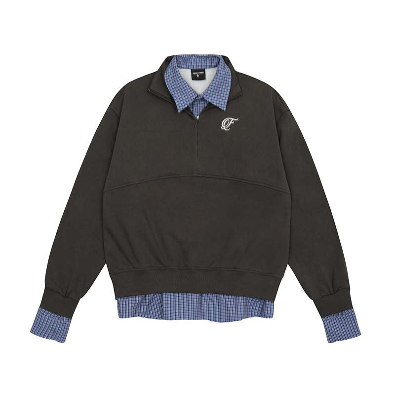 Plaid Stitching Brushed Hoodie with Fake Two-Piece Design