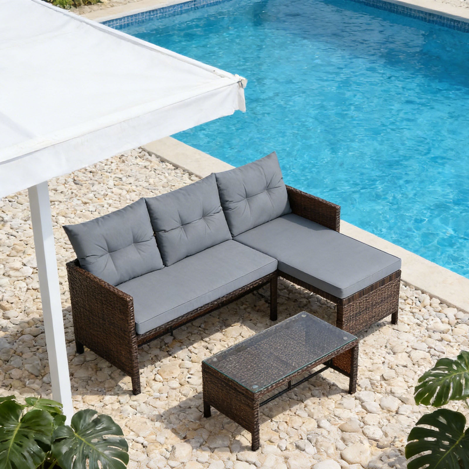 3pcs Outdoor Rattan Sectional Sofa Set • Patio Wicker Conversation Furniture • Metal Frame and Seat Cushions • for Garden, Lawn, Pool, Backyard