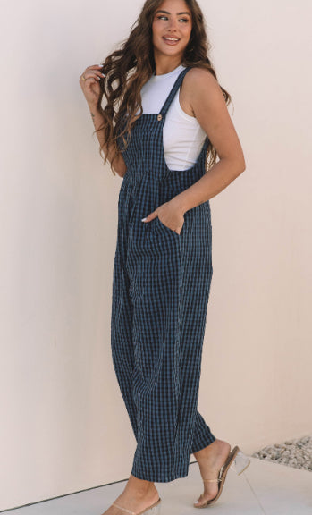 Sail Blue Plaid High-Waist Pocketed Overall Jumpsuit