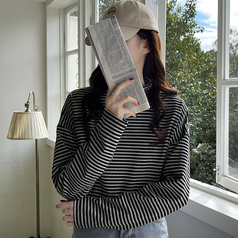 Striped Half-Turtleneck Long Sleeve Tee