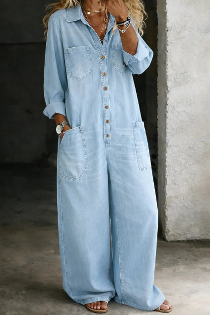 Chic Printed Long-Sleeve Lapel Jumpsuit