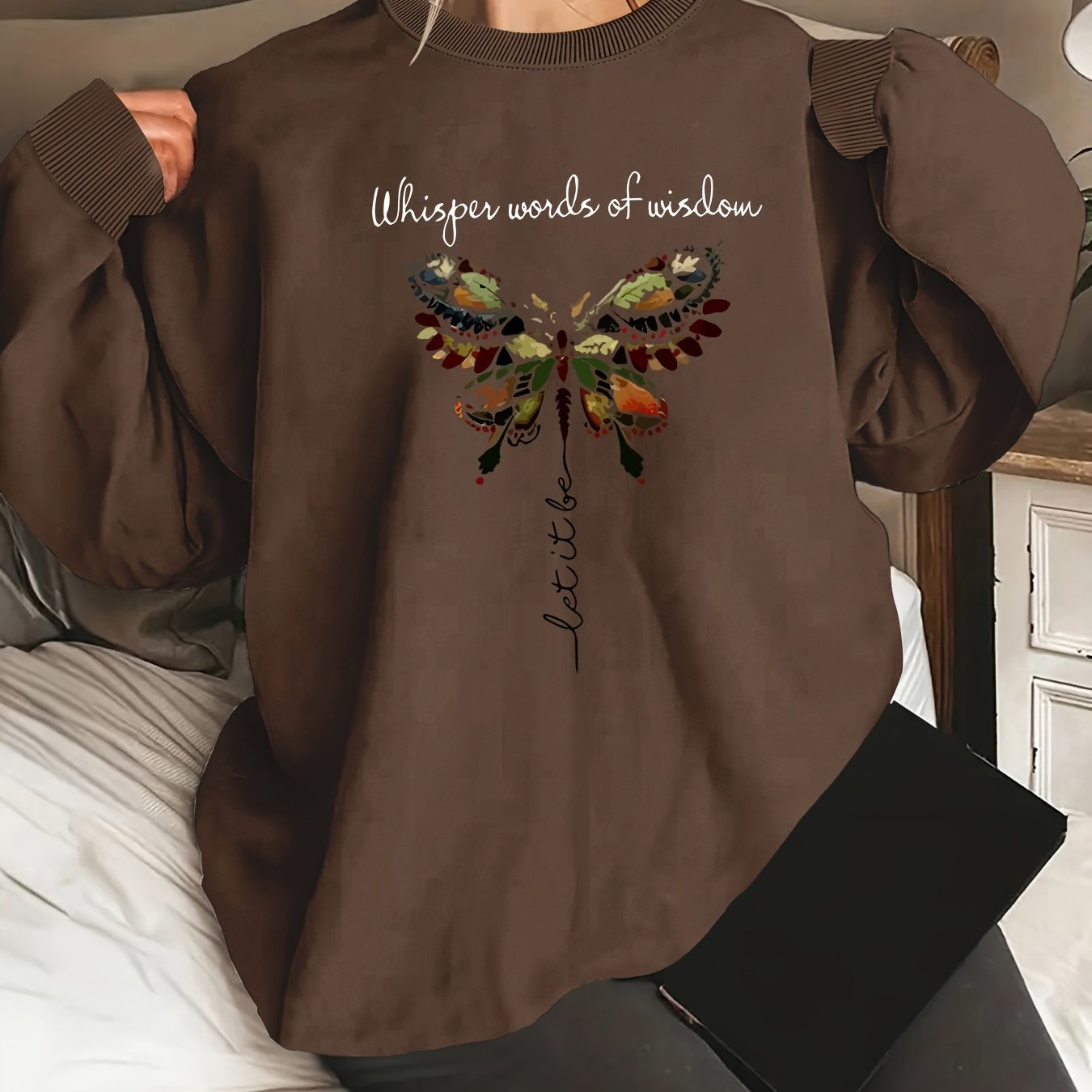 Women's Oversized Butterfly Graphic Long Sleeve Sweatshirt, Round Neck, Casual, Machine Washable