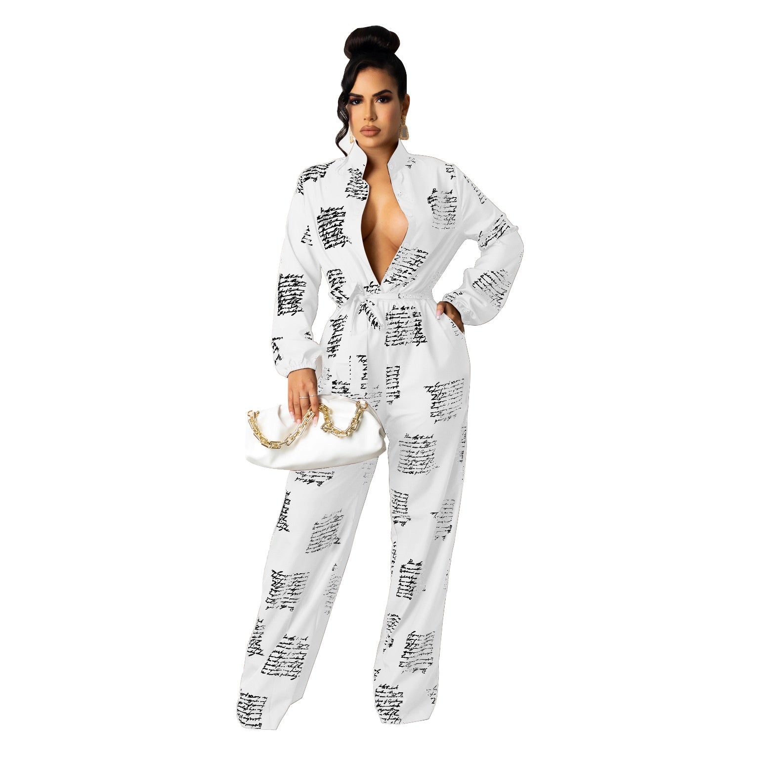 Women's Casual Long Sleeve Loose Shirt Jumpsuit